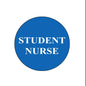Blue felt badge with white text “STUDENT NURSE” on a round disc