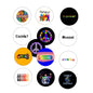 12 round pinback buttons with “Coexist” peace and love graphics