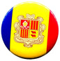 Andorra flag enamel pinback button with coat-of-arms crest, round, multicolor