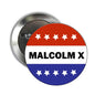 2.25-inch pinback button with Malcolm X text, stars, and red-white-blue stripes