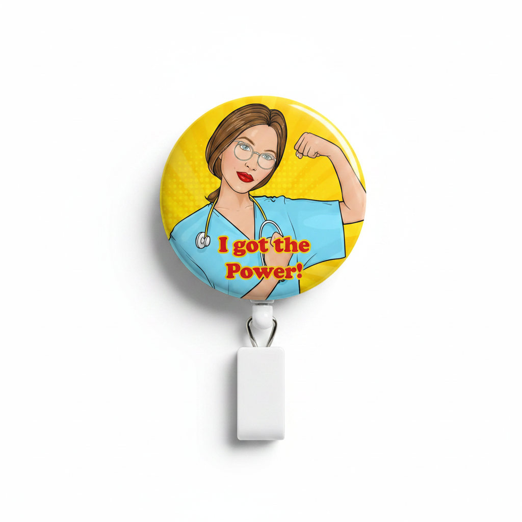 Round retractable badge reel with nurse graphic, white badge holder clip