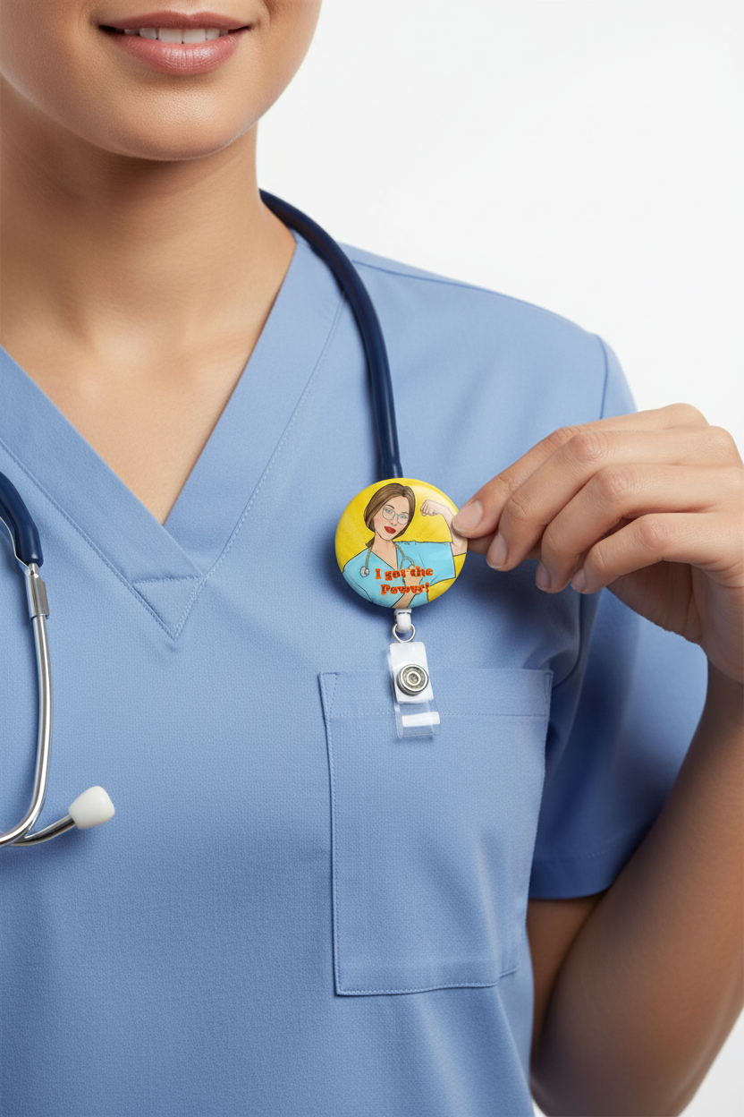 Retractable badge reel clipped to blue scrub with nurse face graphic