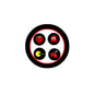 1.25-inch pinback button set with 4 circular designs, black border and pixel characters