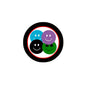 Round smiley shamrock pinback button with colorful faces and green clover icons
