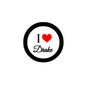 Round pinback badge with black ring, white center, 'I ♥ Drake' and red heart