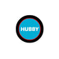 Round HUBBY pinback button, blue center with black border