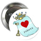 Round metal button badge with cute blue robot holding red heart and 'robots' text