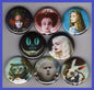 Set of eight round character magnets with assorted Wonderland faces and decorative art.