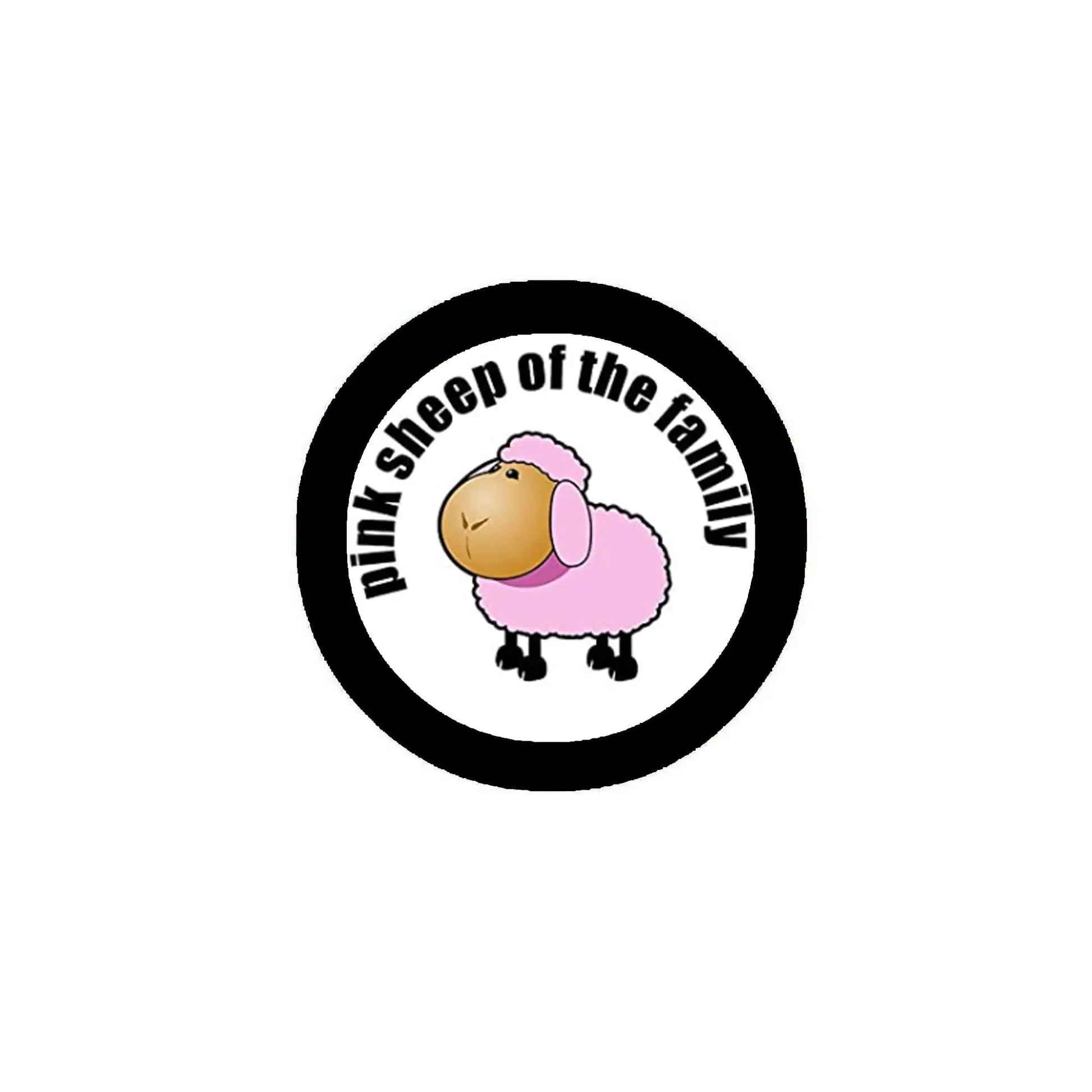Round pinback button: pink sheep illustration with Pink Sheep of the Family text