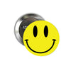 Round pinback button with bright yellow smiley face, black eyes and curved smile