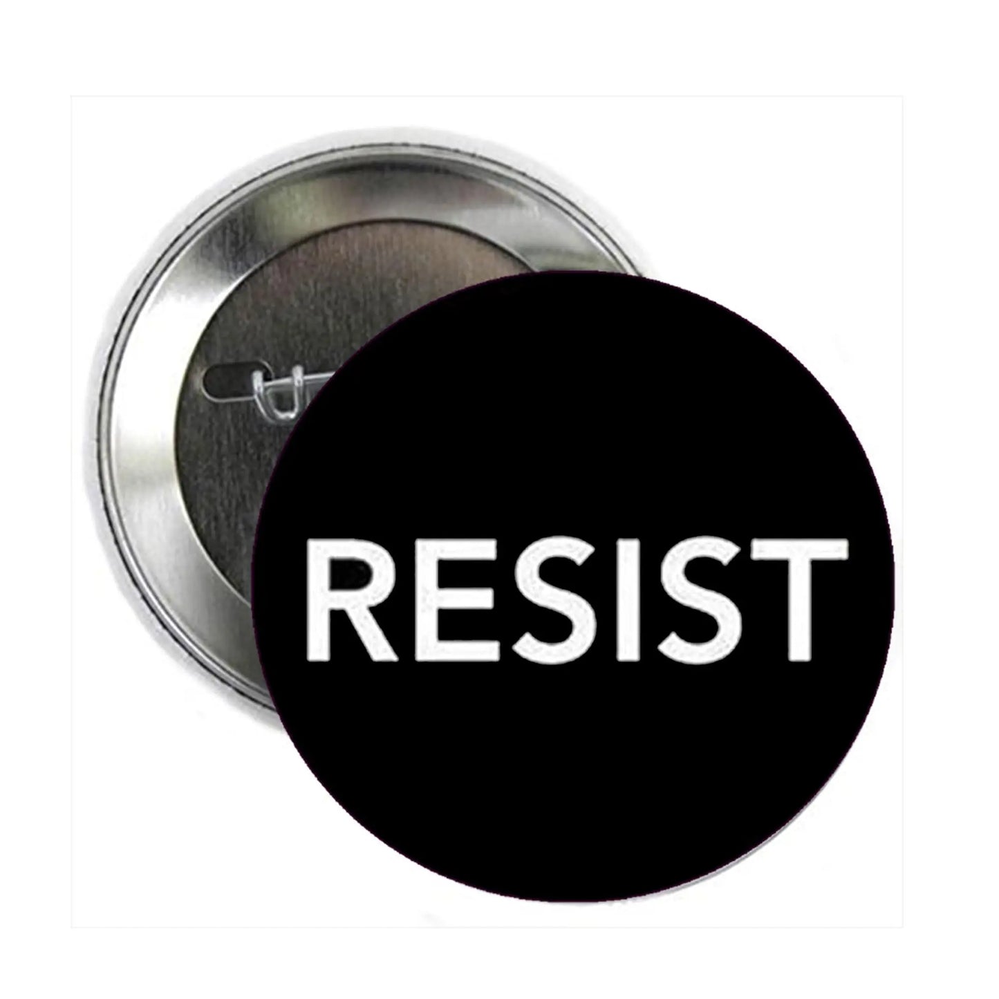 Round pinback badge brooch with black face and white RESIST lettering