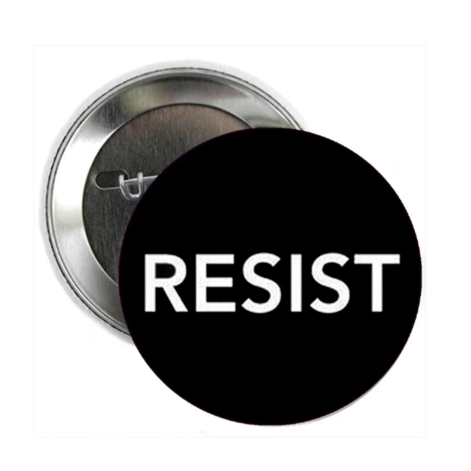 Round pinback badge brooch with black face and white RESIST lettering