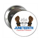 Juneteenth Celebrate Freedom pinback button with raised hands and sunburst rays