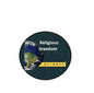 2.25-inch religious freedom round pinback button with globe graphic on dark teal