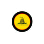 Yellow round pinback button with coiled snake and "Don't Tread on Me" text