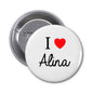 Round pinback button with safety clasp, I heart Alina design, white background