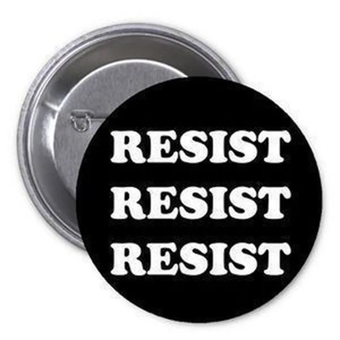 Black pinback button with stacked white “RESIST” text