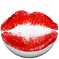 Round pinback button featuring bold red lips print