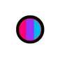 Androgynous pride flag pinback button with circular black border and three vertical stripes