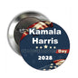 Round metal campaign button pin with Kamala Harris Inauguration Day 2028 text and stars