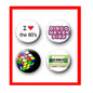 Four round 1.25in pinback buttons with 80s designs: love, disco, Rubik cube, cassette