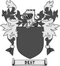 Round coat of arms pin with shield crest and "BEST" ribbon