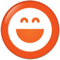 Orange emoticon face pinback button with arched eyes and smiling mouth, round 1.25 in
