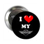 Round black pinback button with red heart and text 'I <3 My'