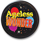 Round black pinback button with colorful “Ageless WONDER” text and balloon icons