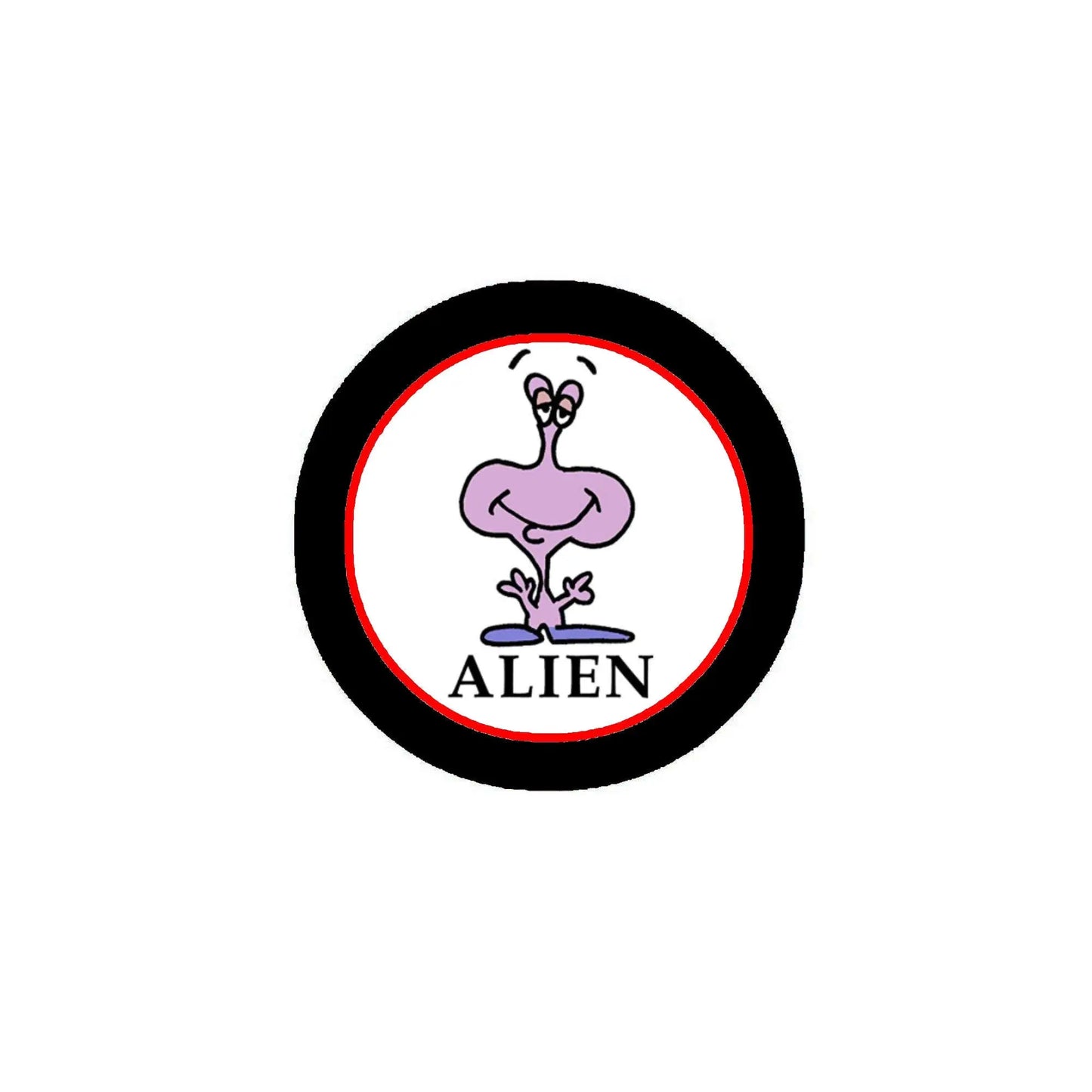 Alien purple pinback button with cartoon alien face and “ALIEN” text, round black border