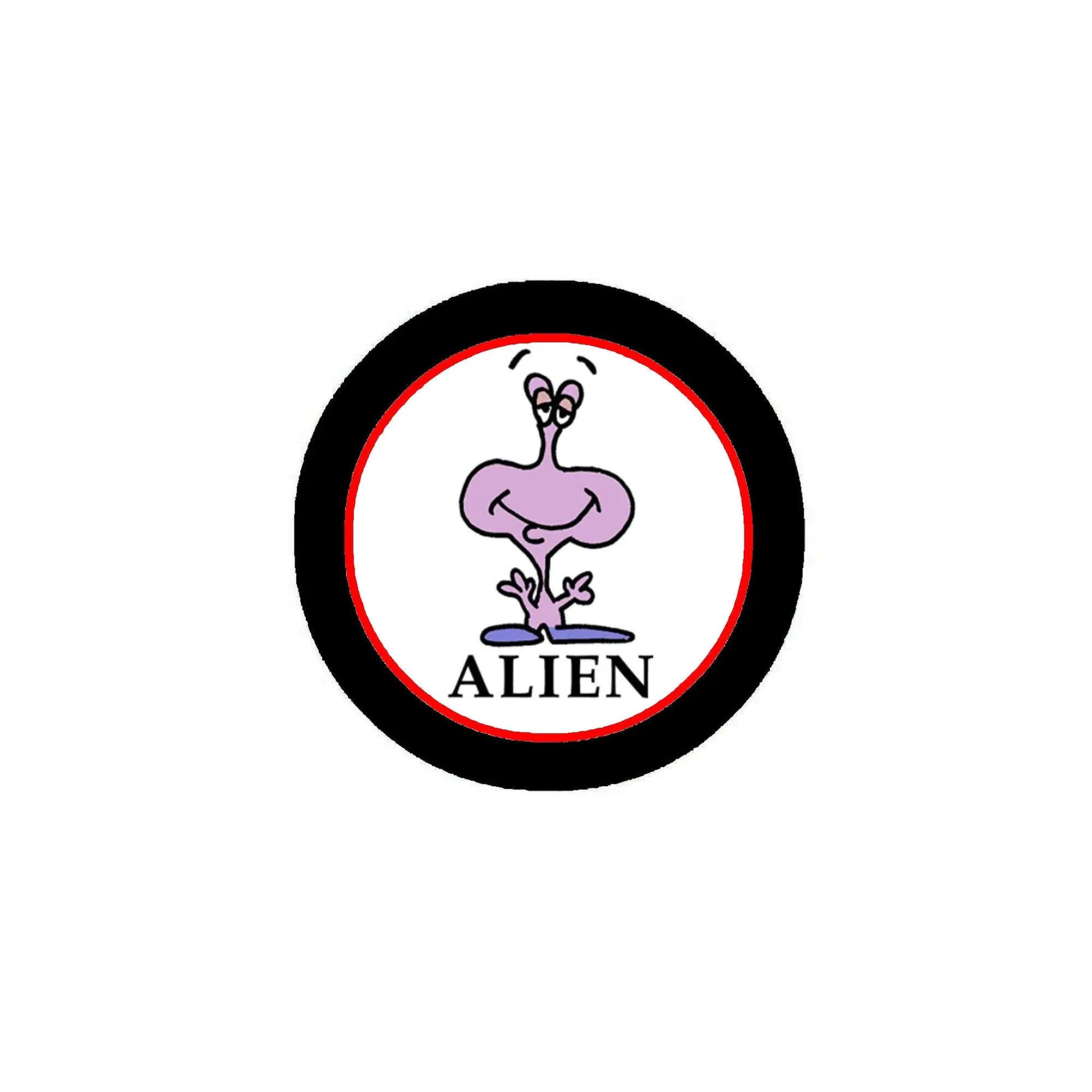 Alien purple pinback button with cartoon alien face and “ALIEN” text, round black border