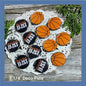 Basketball pinback buttons set, round black and orange with basketball icons and text