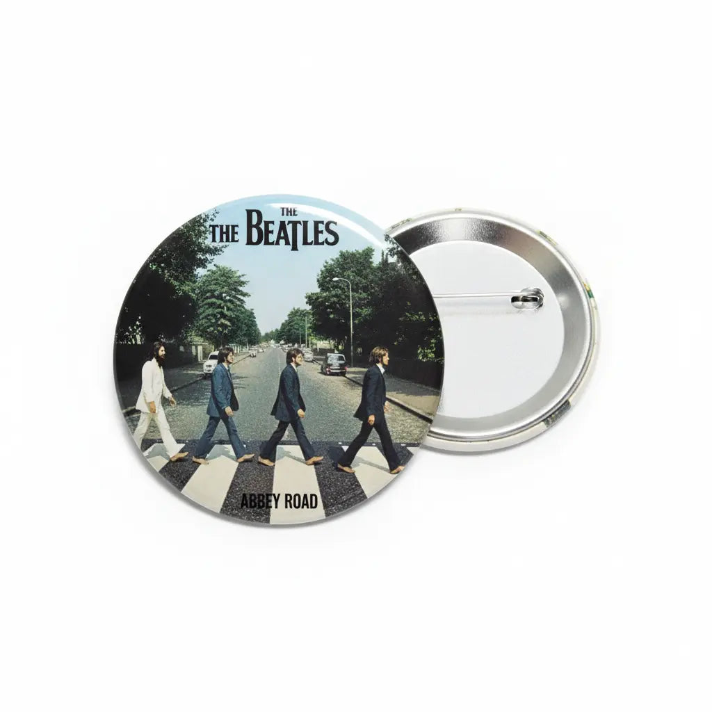 Round Abbey Road Beatles pinback button with glossy graphic and shiny silver backing