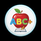 Round school pinback with red apple, ABC+ letters, blue border and open book graphic