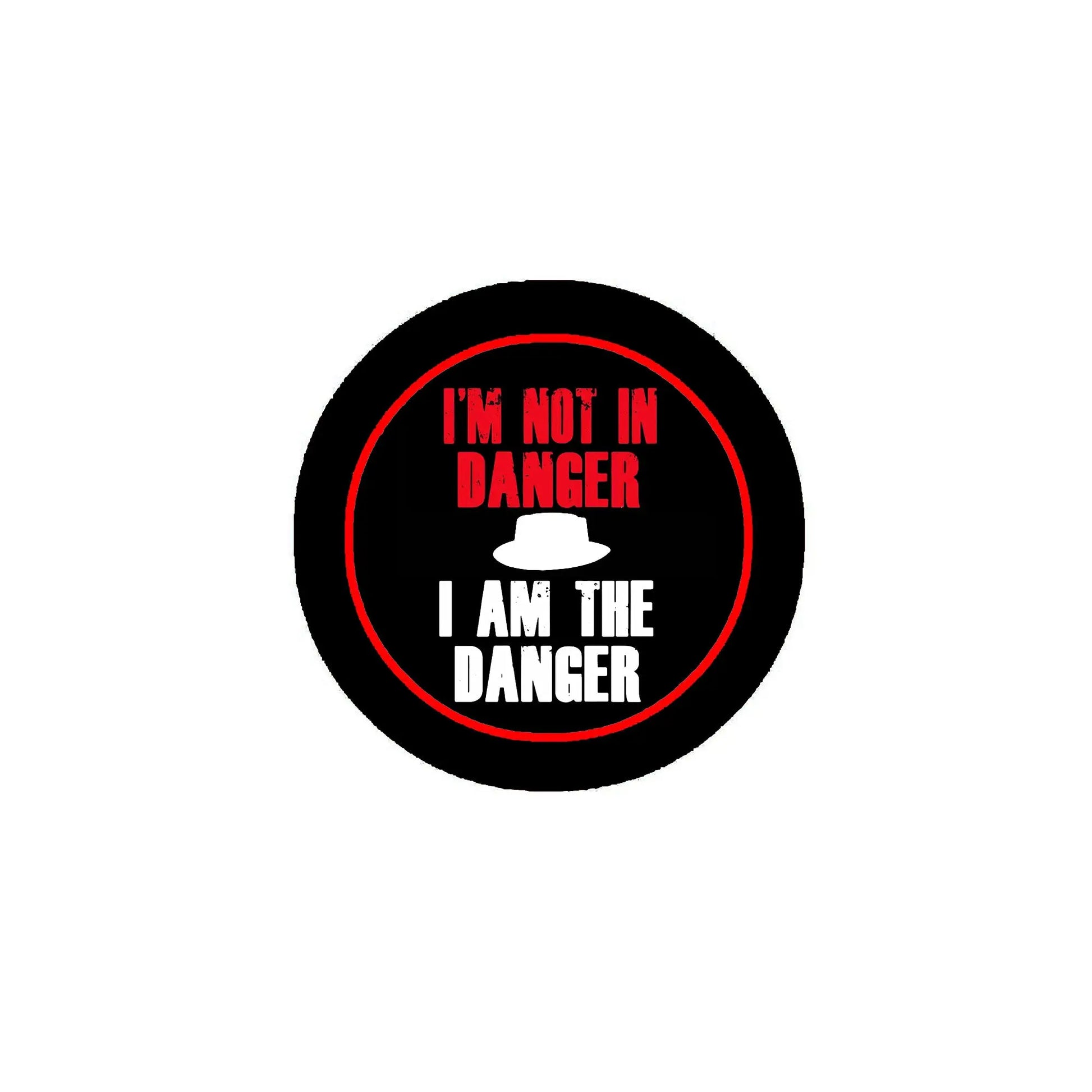 2.25-inch black pinback button with red and white “I’m Not in Danger” text