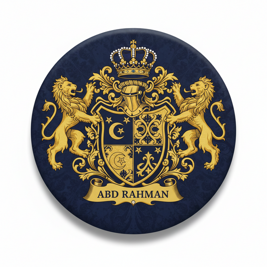 Round navy coat-of-arms pinback button with gold crown and lions, text ABD RAHMAN