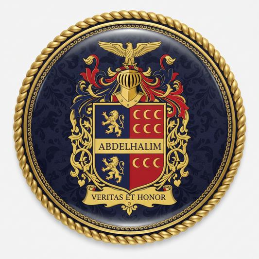 Round gold-edged coat of arms pinback with dark blue crest, wings, and shield