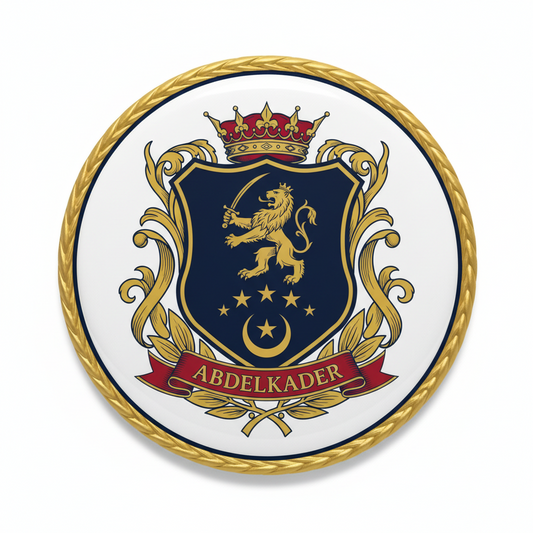 Round gold coat of arms enamel pin badge with crown, lion, stars, and ribbon crest