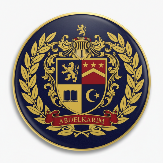 3-inch round Abdelkarim coat of arms pinback with navy background, gold border, lion shield