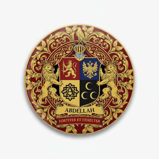 3-inch family crest coat of arms pinback, round maroon-gold design with shield and lions