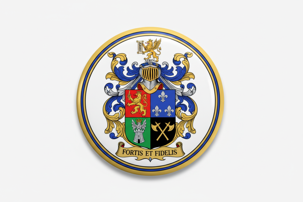 Abden family crest coat of arms magnet, circular gold rim with blue red green shield
