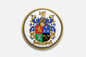 Abden family crest coat of arms magnet, circular gold rim with blue red green shield