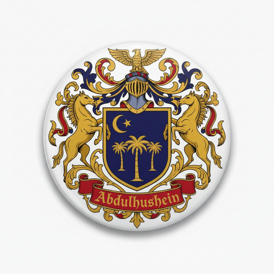 Round family crest pinback button with lions, eagle, shield, and Abdulhussein ribbon