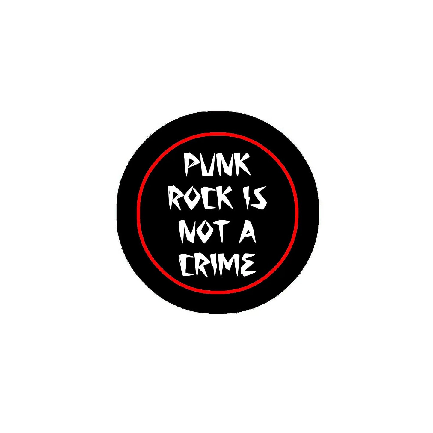 Black pinback button with red ring and white punk graffiti text circle design