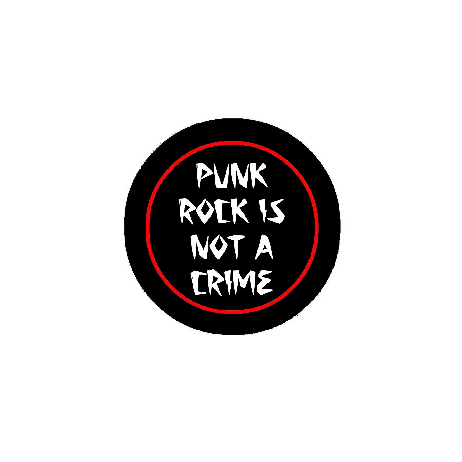Black pinback button with red ring and white punk graffiti text circle design