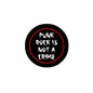 Black pinback button with red ring and white punk graffiti text circle design