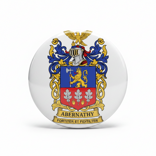 A heraldic crest centered on a light beige background, featuring a gold eagle, blue and red shield with silver oak leaves, a silver helmet, and a gold scroll reading 'ABERNATHY' with the motto 'FORTITER ET FIDICILTER'.