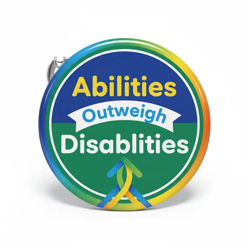 2.25-inch round pinback button with rainbow ribbon and "Abilities Outweigh Disabilities" text