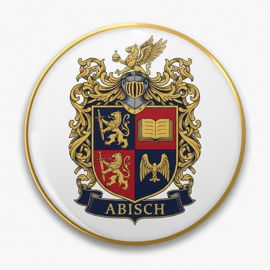 A circular white coaster with a gold rim featuring a detailed German coat of arms for 'ABISCH'. The crest includes a golden griffin, a shield with four quadrants (lion, open book, eagle, sword), and a blue banner with gold lettering, all set against a light gray background.