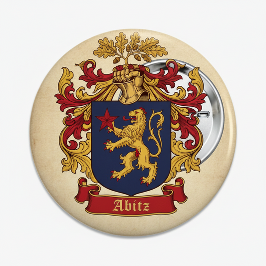 Abitz family crest coat of arms pin, round gold-tone with blue shield and lion